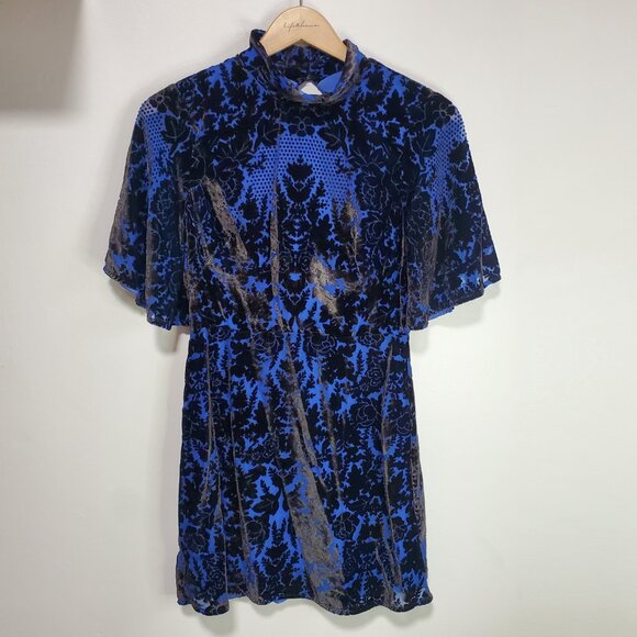 BY ANTHROPOLOGIE Mock-Neck Velvet Mini Dress Open Back Burnout SS Blue Women's 4 - Picture 1 of 16